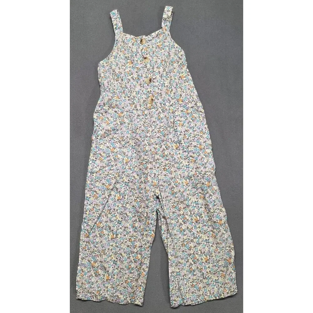 OshKosh Girls 4T Floral Jumpsuit Romper Linen Cottagecore Elastic Waist/Neck